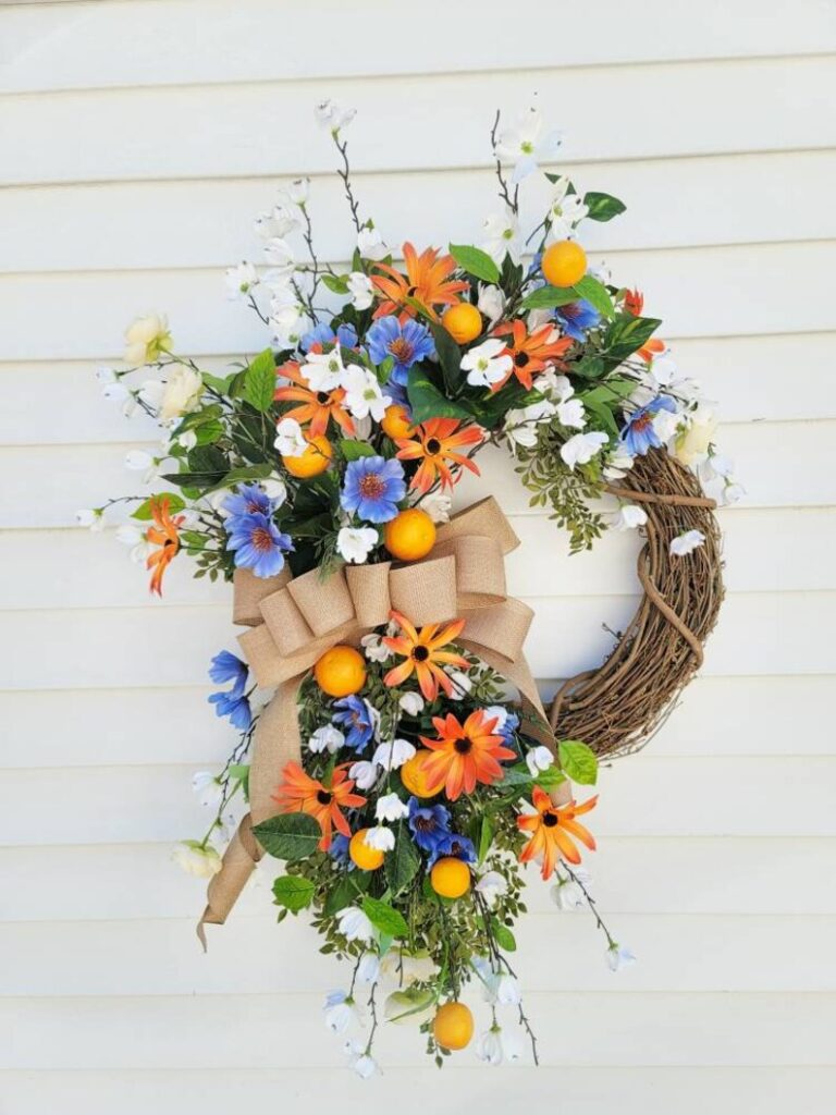 floral wreaths, floral wreaths for front door, floral wreath decor ideas, wreaths for front door, wreath ideas, wreath ideas summer, orange wreath, orange wreath ideas