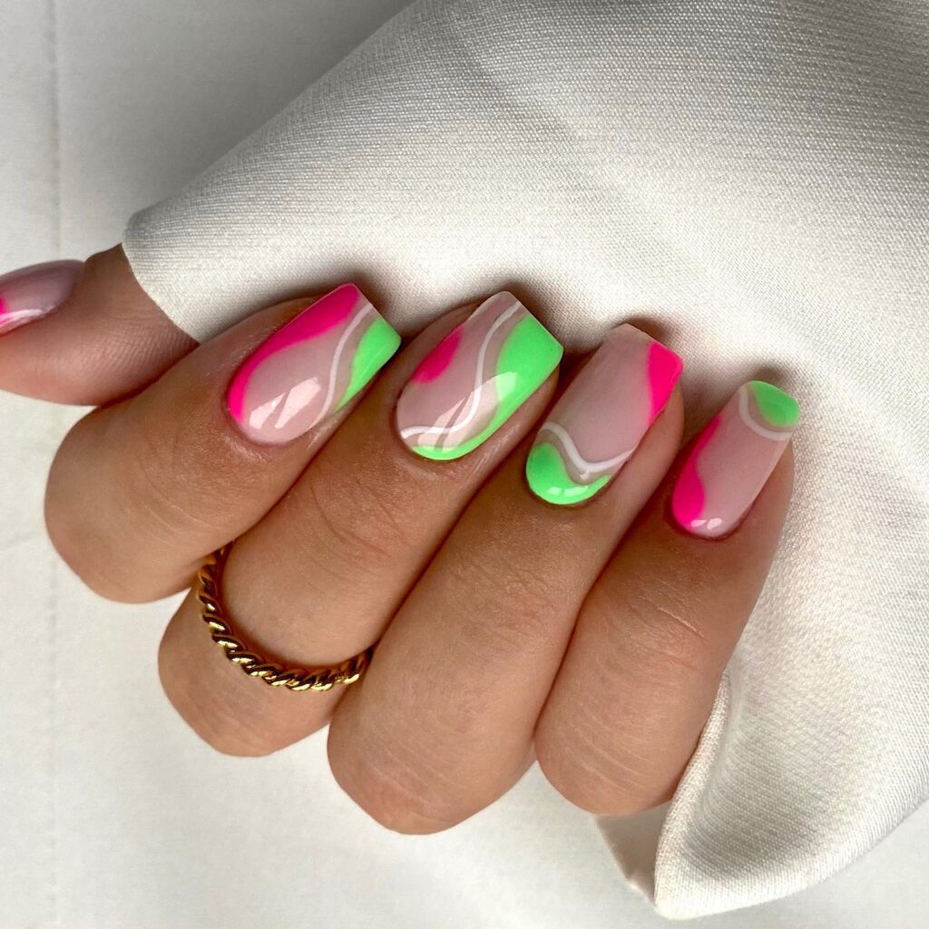 pink and green nail designs, pink and green nails, pink and green nail design, pink and green nails acrylic, pink and green nail art, pink and green design color combos, pink and green nails aesthetic, pink and green nail ideas, swirl nails, wavy nails 