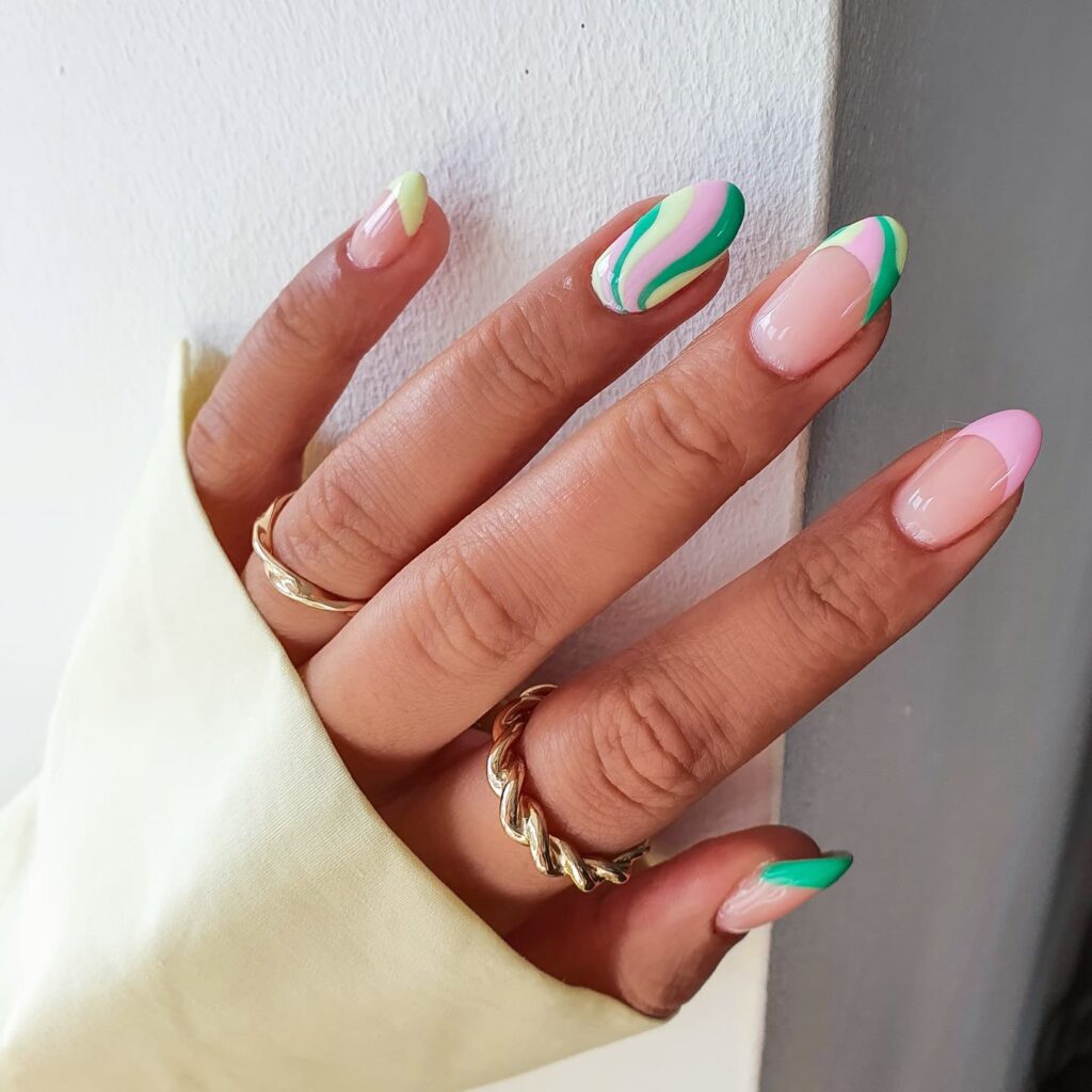 pink and green nail designs, pink and green nails, pink and green nail design, pink and green nails acrylic, pink and green nail art, pink and green design color combos, pink and green nails aesthetic, pink and green nail ideas, wavy nails, retro nails