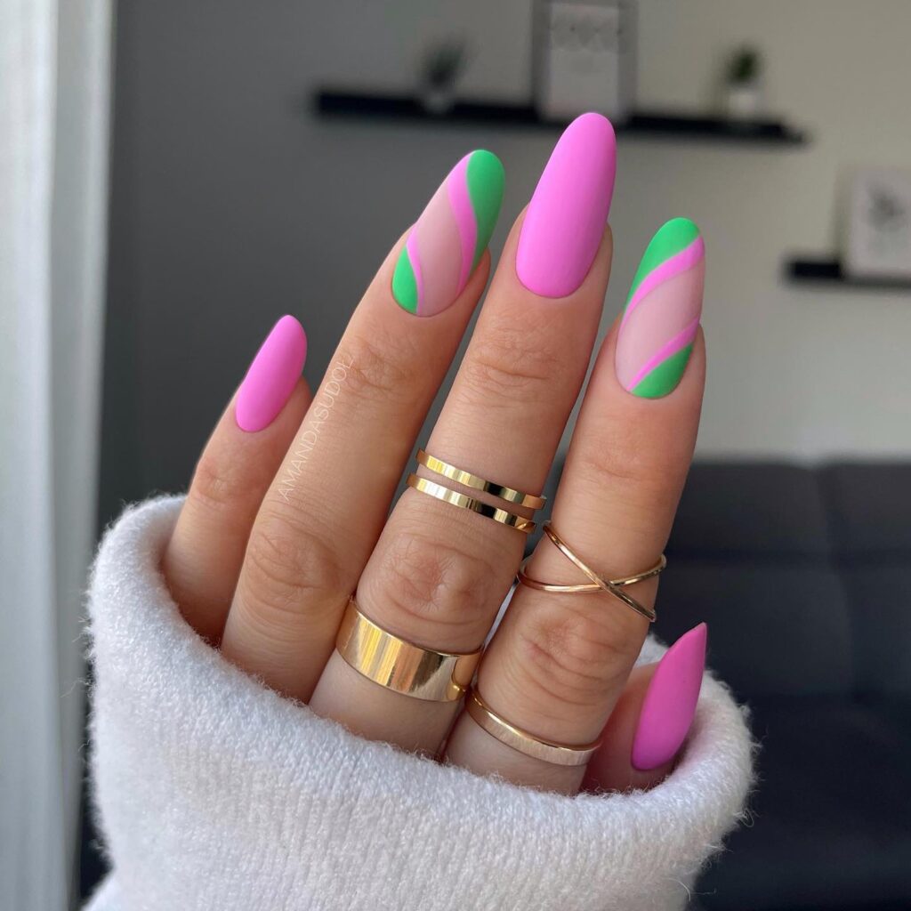 pink and green nail designs, pink and green nails, pink and green nail design, pink and green nails acrylic, pink and green nail art, pink and green design color combos, pink and green nails aesthetic, pink and green nail ideas, matte nails, matte nail ideas