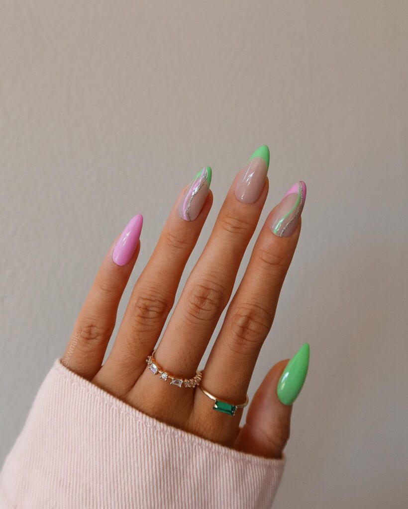 pink and green nail designs, pink and green nails, pink and green nail design, pink and green nails acrylic, pink and green nail art, pink and green design color combos, pink and green nails aesthetic, pink and green nail ideas, swirl nails