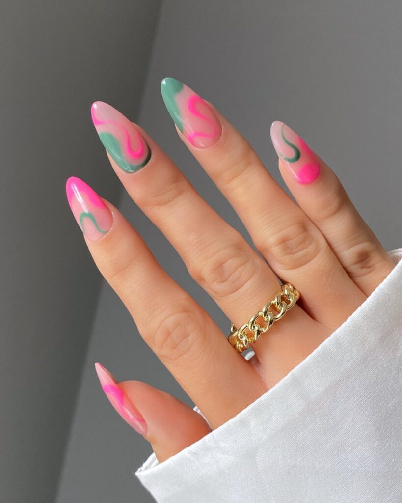 pink and green nail designs, pink and green nails, pink and green nail design, pink and green nails acrylic, pink and green nail art, pink and green design color combos, pink and green nails aesthetic, pink and green nail ideas, wavy nails, swirl nails