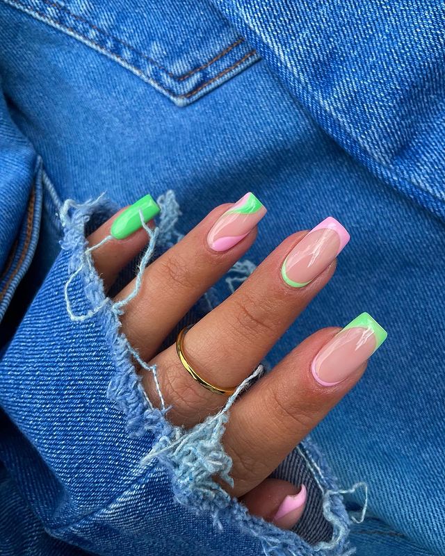 pink and green nail designs, pink and green nails, pink and green nail design, pink and green nails acrylic, pink and green nail art, pink and green design color combos, pink and green nails aesthetic, pink and green nail ideas, neon nails, swirl nails