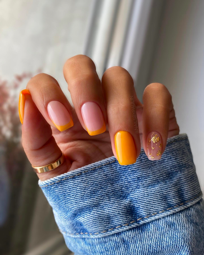 orange tip nail designs, French tip nails, French tip nails with design, bright nails, orange nails, French tip nails orange, gold nails, French tip nails square
