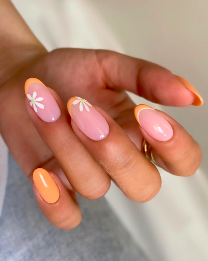 orange tip nail designs, French tip nails, French tip nails with design, bright nails, orange nails, French tip nails orange, floral nails, French tip nails almond, almond nails