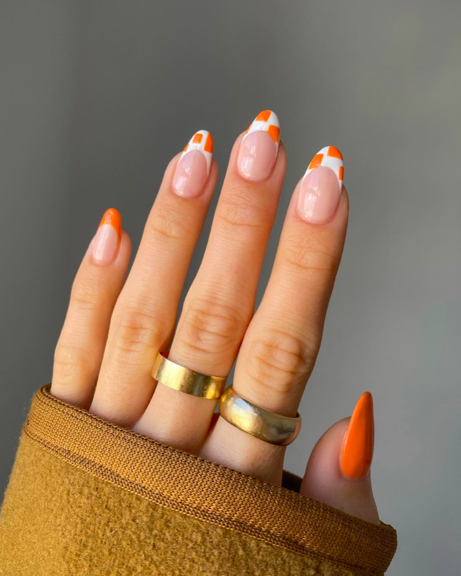 orange tip nail designs, French tip nails, French tip nails with design, bright nails, orange nails, French tip nails orange, neon nails, French tip nails almond, checkered nails
