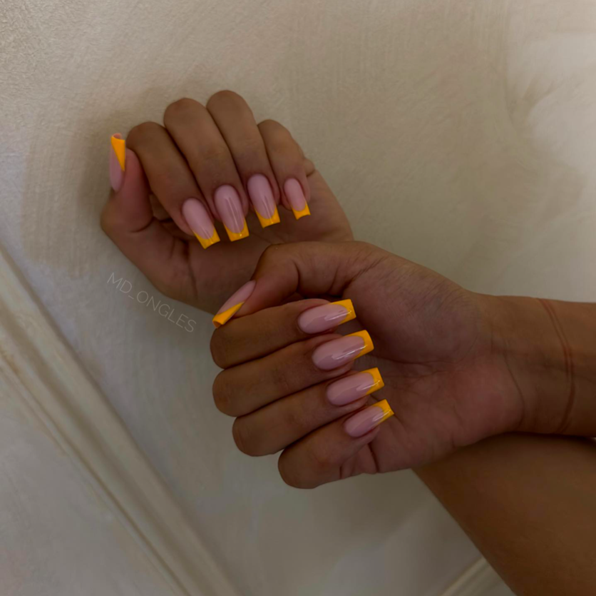 orange tip nail designs, French tip nails, French tip nails with design, bright nails, orange nails, French tip nails orange, French tip nails square, pastel nails