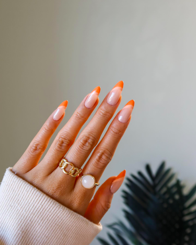 orange tip nail designs, French tip nails, French tip nails with design, bright nails, orange nails, French tip nails orange, neon nails, French tip nails almond