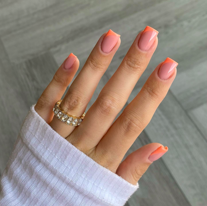 orange tip nail designs, French tip nails, French tip nails with design, bright nails, orange nails, French tip nails orange, pastel nails, French tip nails square, side French nails