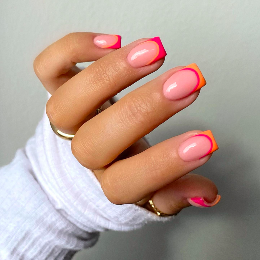 orange tip nail designs, French tip nails, French tip nails with design, bright nails, orange nails, French tip nails orange, pink nails, French tip nails square
