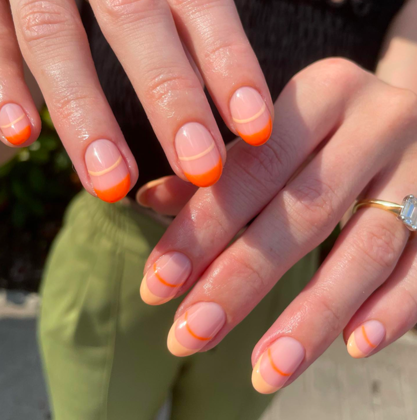 orange tip nail designs, French tip nails, French tip nails with design, bright nails, orange nails, French tip nails orange, neon nails, French tip nails almond, almond nails
