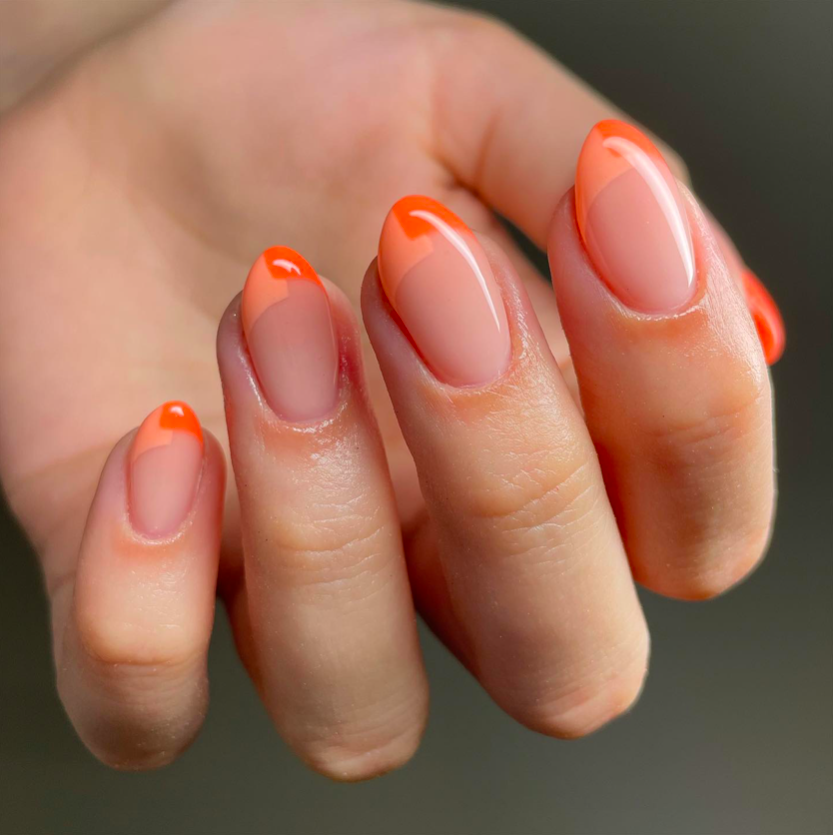 orange tip nail designs, French tip nails, French tip nails with design, bright nails, orange nails, French tip nails orange, French tip nails almond