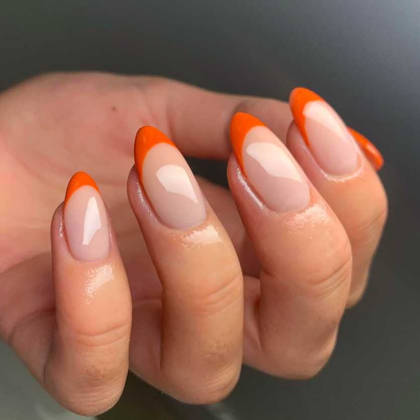 orange tip nail designs, French tip nails, French tip nails with design, bright nails, orange nails, French tip nails orange, fall nails designs, French tip nails almond, fall nails, almond nails