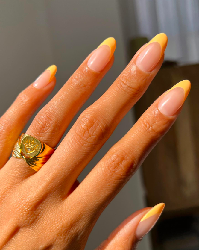 orange tip nail designs, French tip nails, French tip nails with design, bright nails, orange nails, French tip nails orange, French tip nails almond, almond nails
