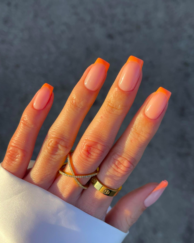 orange tip nail designs, French tip nails, French tip nails with design, bright nails, orange nails, French tip nails orange, neon nails, French tip nails square