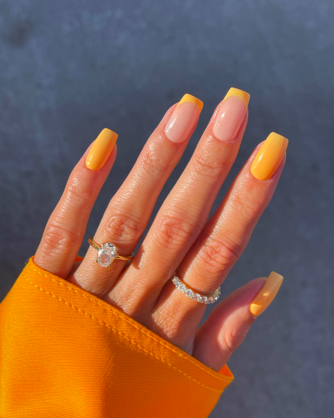 orange tip nail designs, French tip nails, French tip nails with design, bright nails, orange nails, French tip nails orange, French tip nails square