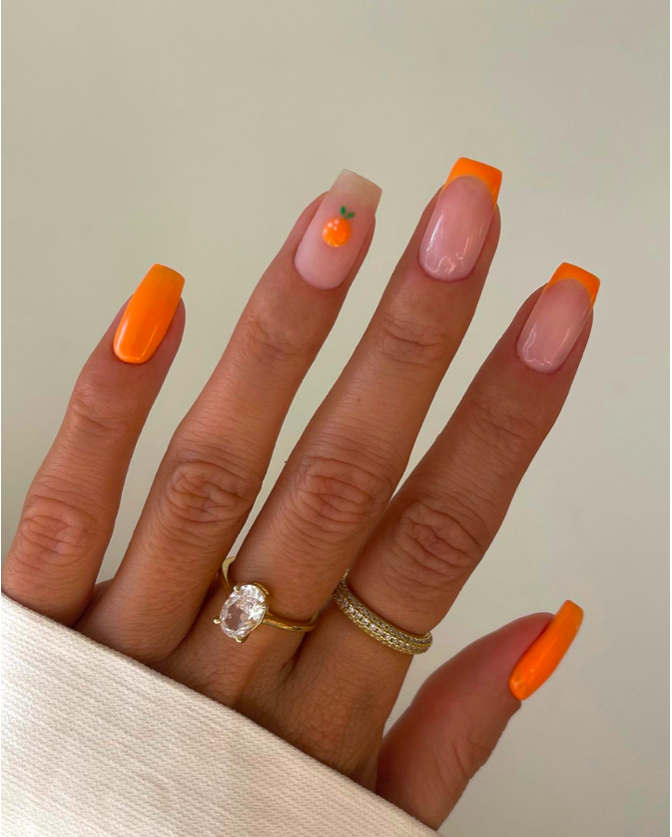 orange tip nail designs, French tip nails, French tip nails with design, bright nails, orange nails, French tip nails orange, neon nails, French tip nails square, fruit nails, tangerine nails, fruit nails orange