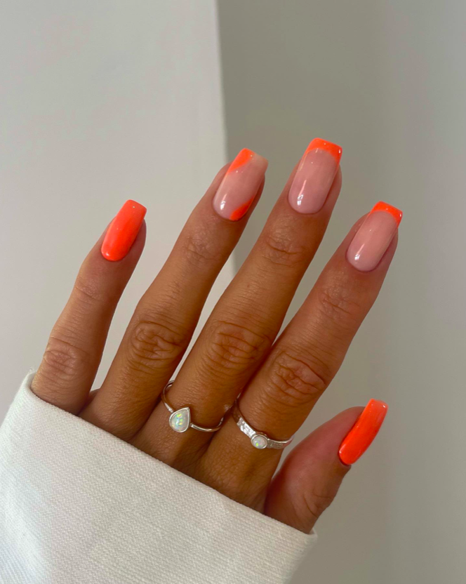orange tip nail designs, French tip nails, French tip nails with design, bright nails, orange nails, French tip nails orange, neon nails, French tip nails square, square nails