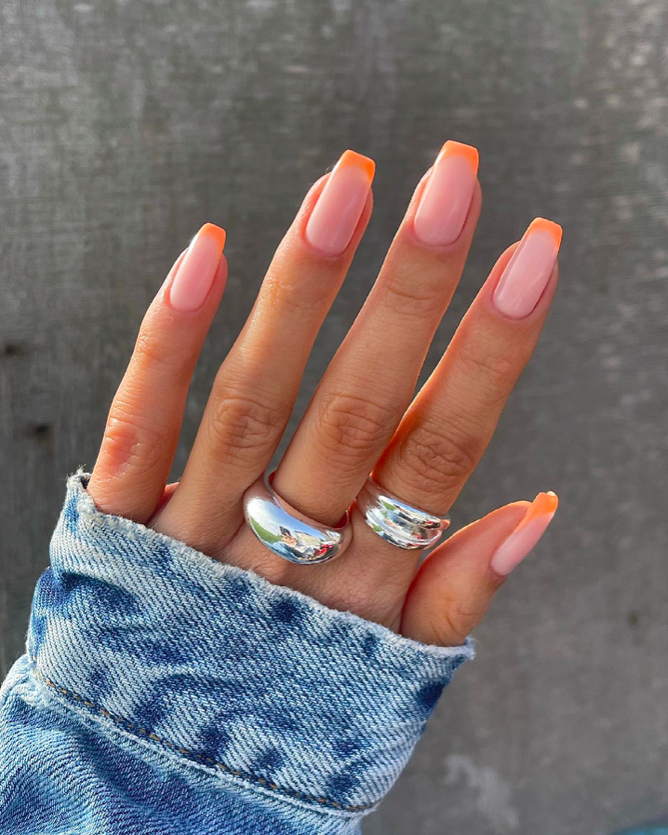 orange tip nail designs, French tip nails, French tip nails with design, bright nails, orange nails, French tip nails orange, neon nails, French tip nails orange