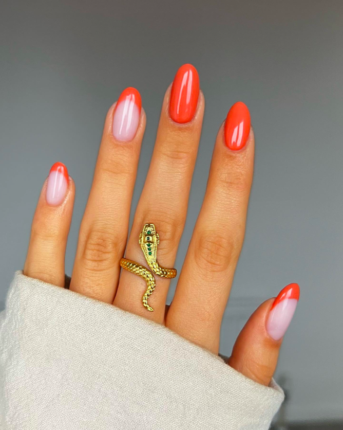 orange tip nail designs, French tip nails, French tip nails with design, bright nails, orange nails, French tip nails orange, French tip nails almond, almond nails