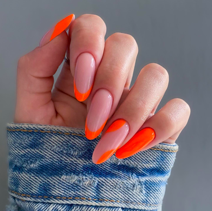 orange tip nail designs, French tip nails, French tip nails with design, bright nails, orange nails, French tip nails orange, neon nails, swirl nails, swirl nails orange, long nails