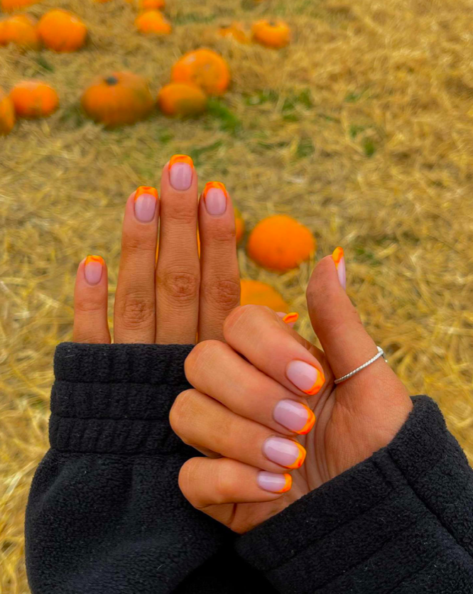 orange tip nail designs, French tip nails, French tip nails with design, bright nails, orange nails, French tip nails orange, neon nails, French tip nails square, fall nails, autumn nails