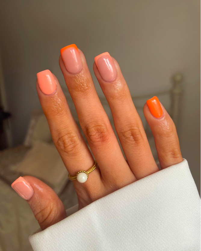 orange tip nail designs, French tip nails, French tip nails with design, bright nails, orange nails, French tip nails orange, pastel nails, French tip nails square
