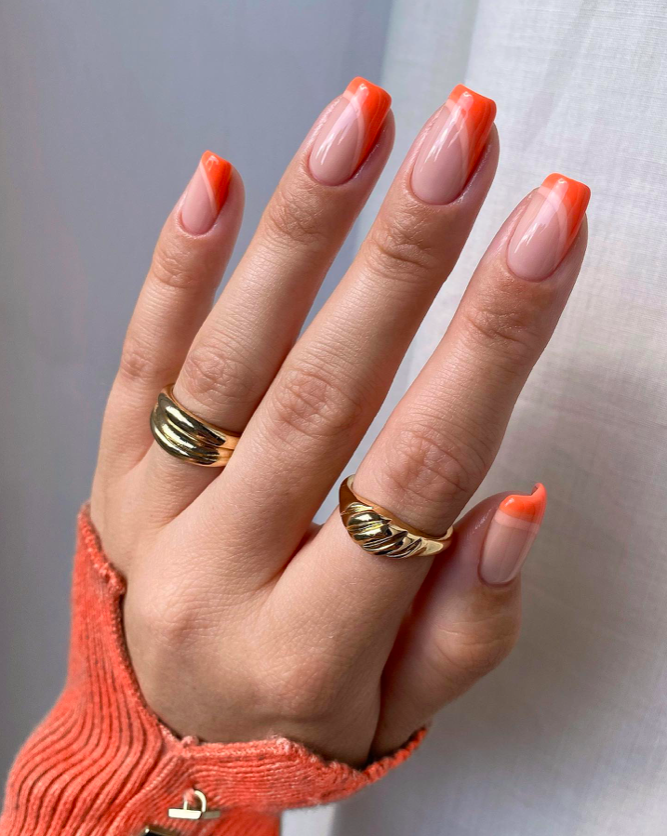 orange tip nail designs, French tip nails, French tip nails with design, bright nails, orange nails, French tip nails orange, side French nails, French tip nails square