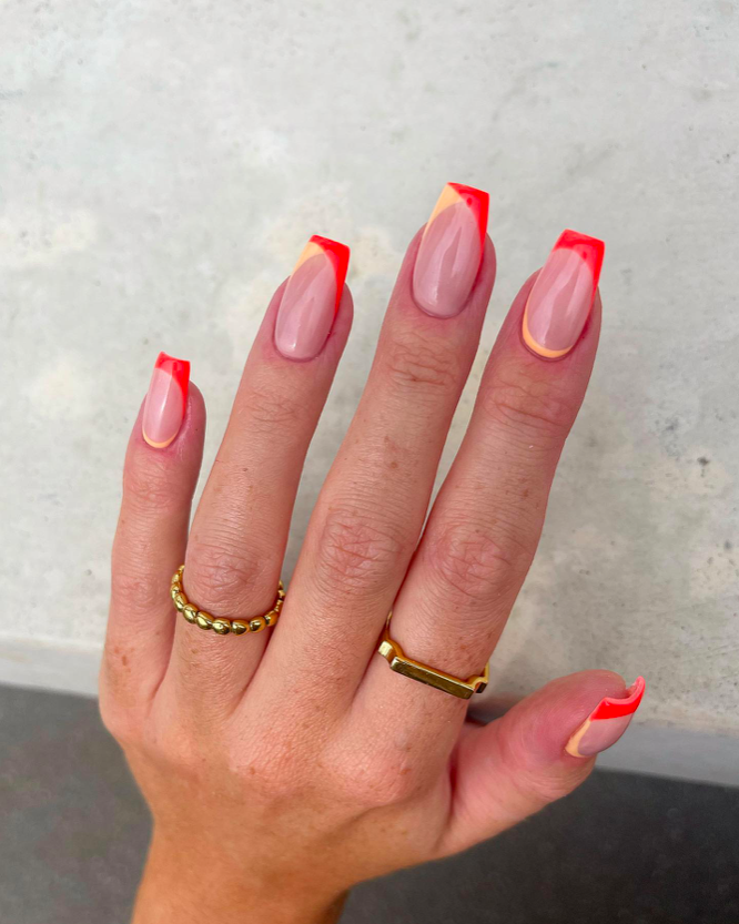 orange tip nail designs, French tip nails, French tip nails with design, bright nails, orange nails, French tip nails orange, neon nails, French tip nails square, vacation nails
