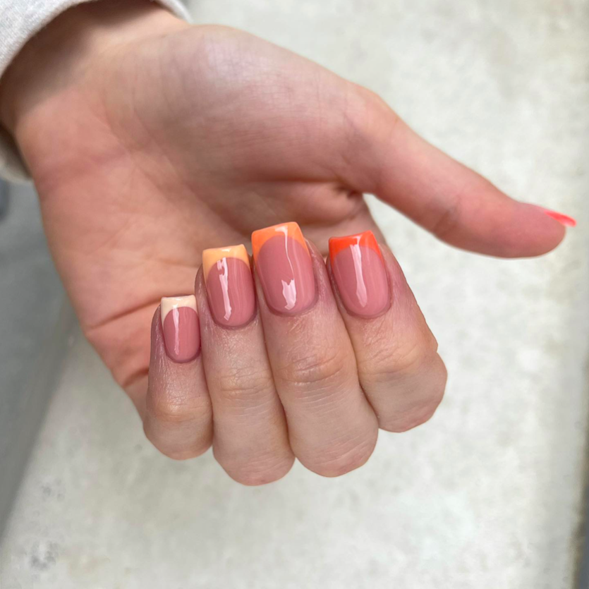 orange tip nail designs, French tip nails, French tip nails with design, bright nails, orange nails, French tip nails orange, gradient nails, French tip nails square, square nails