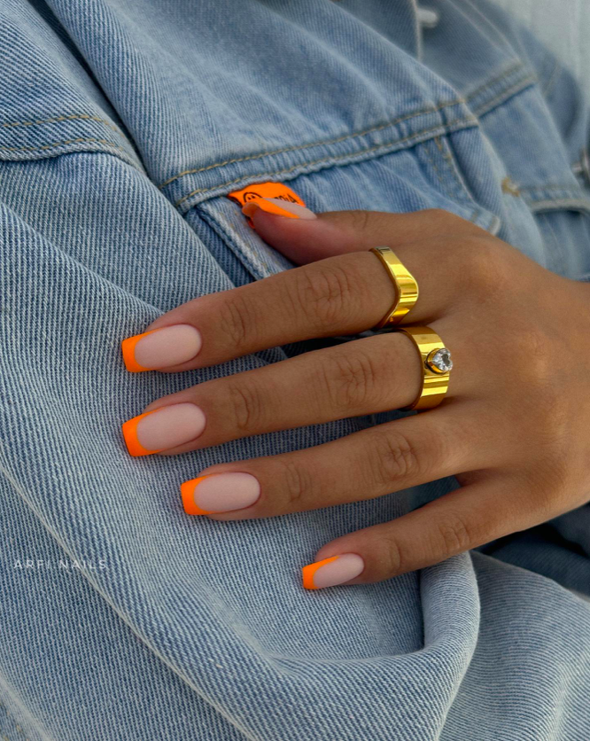 orange tip nail designs, French tip nails, French tip nails with design, bright nails, orange nails, French tip nails orange, neon nails, matte nails, French tip nails square