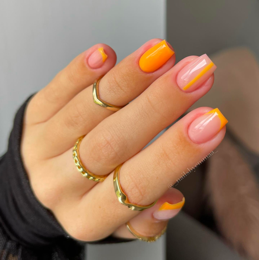 orange tip nail designs, French tip nails, French tip nails with design, bright nails, orange nails, French tip nails orange, line nails design, French tip nails square