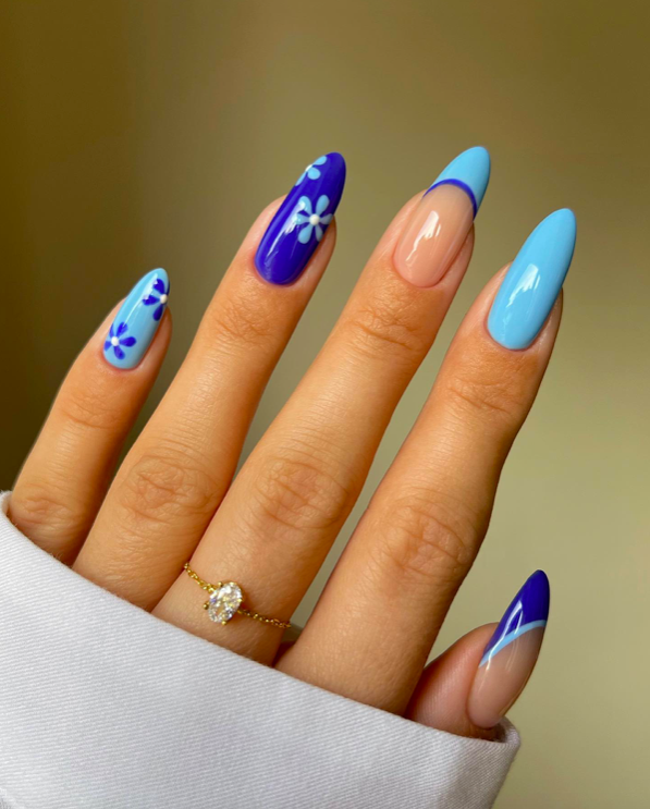 Blue nails, blue nails ideas, blue nails acrylic, blue nails with design, blue nails short, blue nails design, blue nails aesthetic, blue nail designs, blue nail art, flower nails, floral nails