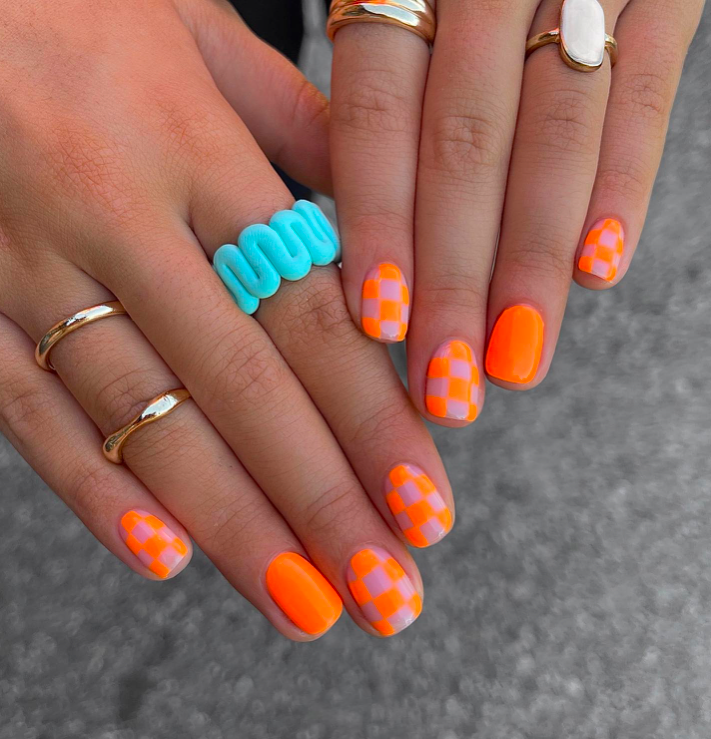 orange nails, orange nails acrylic, orange nails ideas, orange nails short, orange nails design, orange nails inspiration, orange nails with design, orange nails gel, orange nail art, orange nail designs, orange nail polish, checker nails, neon nails