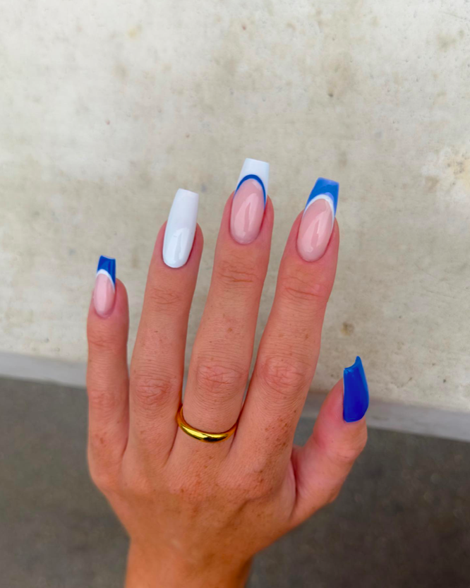 Blue nails, blue nails ideas, blue nails acrylic, blue nails with design, blue nails short, blue nails design, blue nails aesthetic, blue nail designs, blue nail art, French tip nails, square nails