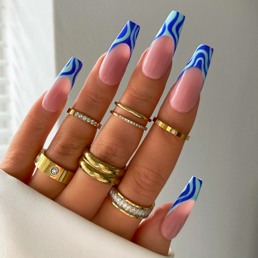 Blue nails, blue nails ideas, blue nails acrylic, blue nails with design, blue nails short, blue nails design, blue nails aesthetic, blue nail designs, blue nail art, swirl nails, French tip nails