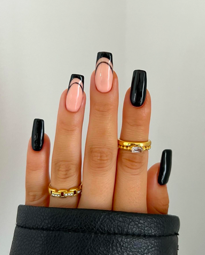black nails, black nails ideas, black nails trendy, black nails design, black nails short, black nails inspiration, black nails aesthetic, black nail designs, black nail set, black nail ideas, black nail art, double French nails
