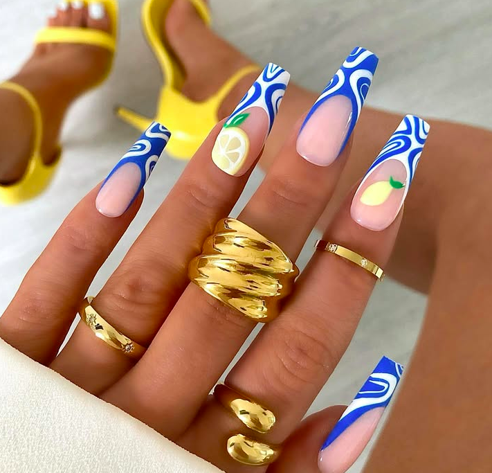 lemon nails, lemon and blue nails, blue nails, summer nail ideas, summer nails lemons, summer nails, fruit nails, lemon nail ideas, lemon nails simple, lemon and blue nail designs