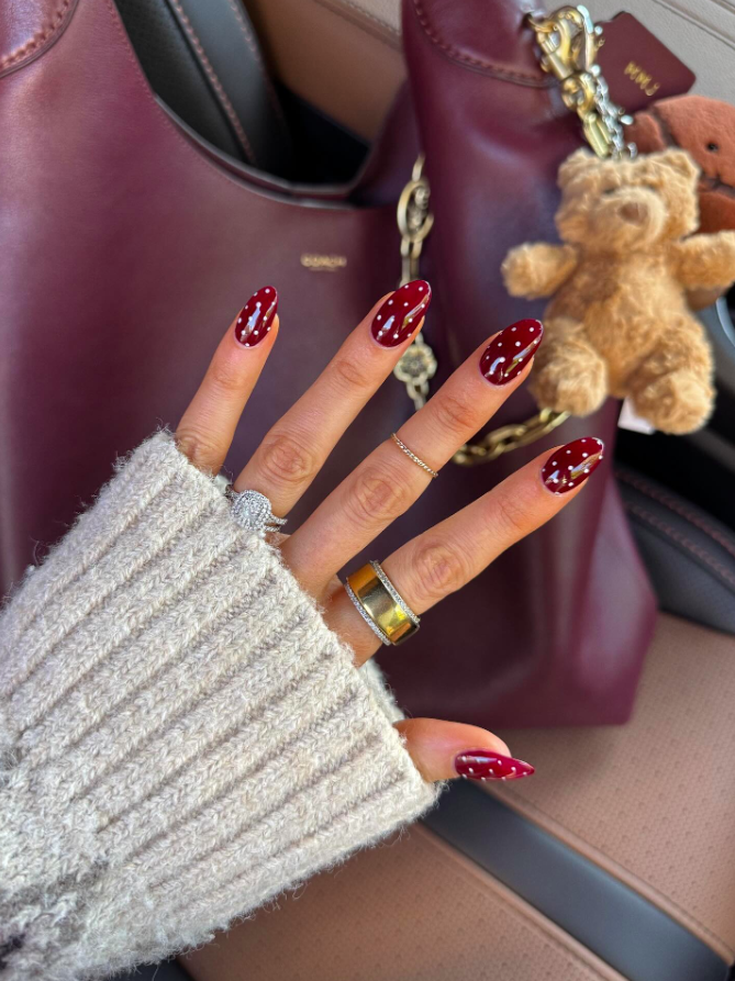 fall nails, fall nails 2026, easy fall nails 2026, simple fall nails, fall nail designs, fall nails acrylic, fall nail ideas, 2026 nail ideas, burgundy nails, polka dot nails fall, almond nails fall