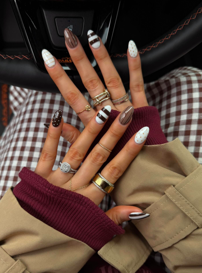 fall nails, fall nails 2026, easy fall nails 2026, simple fall nails, fall nail designs, fall nails acrylic, fall nail ideas, 2026 nail ideas, brown nails, polka dot nails, striped nails