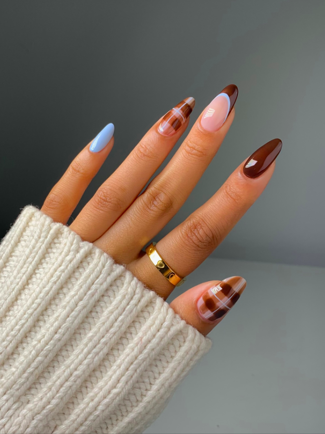 fall nails, fall nails 2026, easy fall nails 2026, simple fall nails, fall nail designs, fall nails acrylic, fall nail ideas, 2026 nail ideas, brown nails, brown and blue nails, plaid nails, almond nails