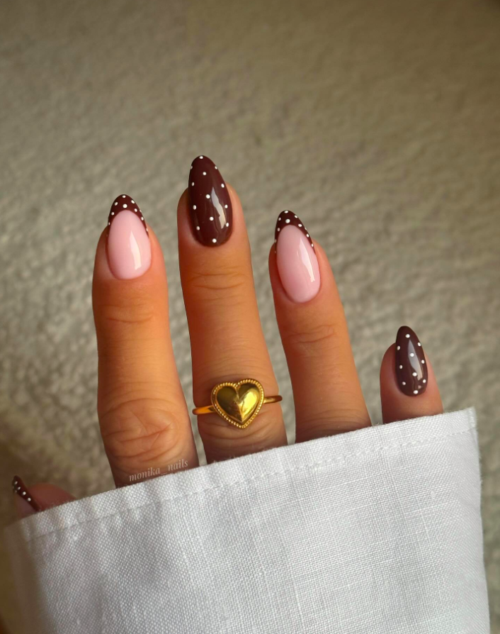 fall nails, fall nails 2026, easy fall nails 2026, simple fall nails, fall nail designs, fall nails acrylic, fall nail ideas, 2026 nail ideas, brown nails, polka dot nails, brown polka dot nails