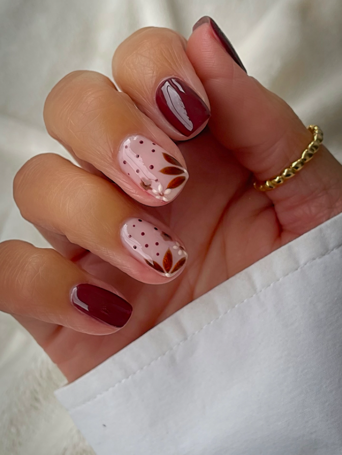 fall nails, fall nails 2026, easy fall nails 2026, simple fall nails, fall nail designs, fall nails acrylic, fall nail ideas, 2026 nail ideas, brown nails, floral nails fall, brown floral nails fall, short fall nails