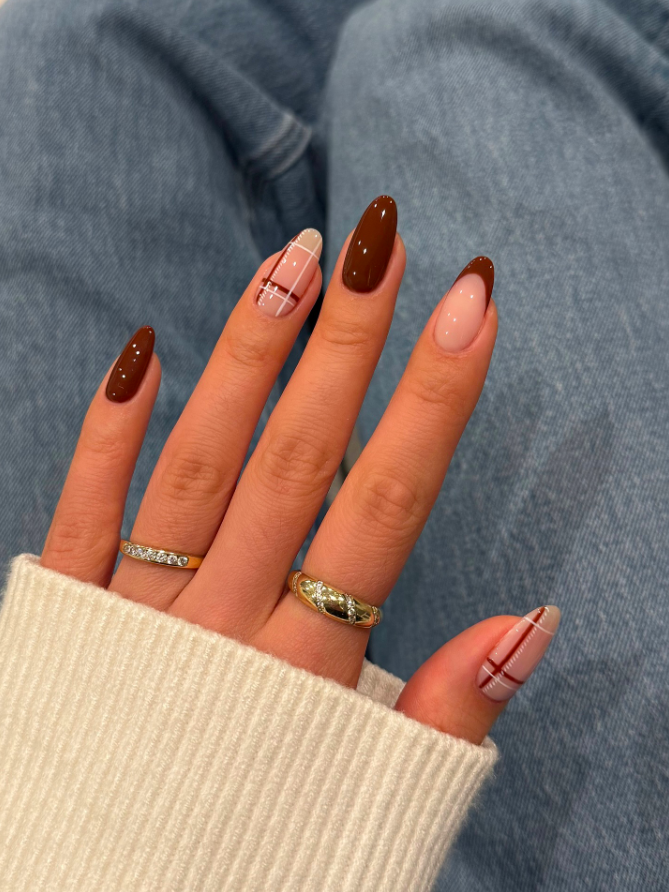 fall nails, fall nails 2026, easy fall nails 2026, simple fall nails, fall nail designs, fall nails acrylic, fall nail ideas, 2026 nail ideas, brown nails, plaid nails, almond nails fall