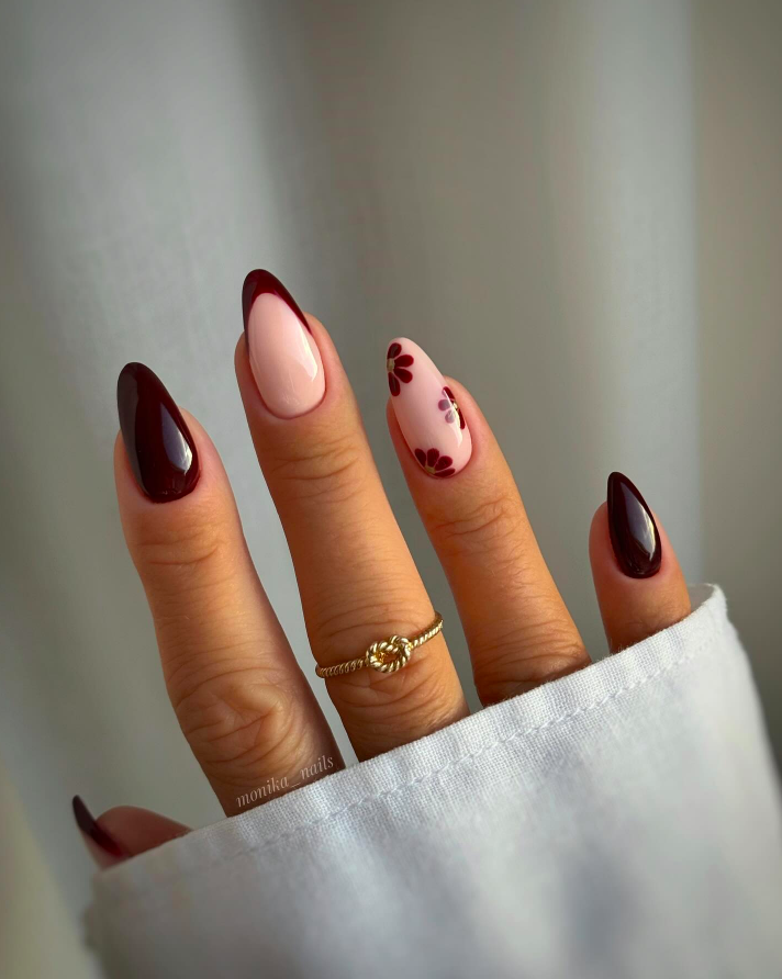 fall nails, fall nails 2026, easy fall nails 2026, simple fall nails, fall nail designs, fall nails acrylic, fall nail ideas, 2026 nail ideas, burgundy nails, floral fall nails, floral burgundy nails, almond nails